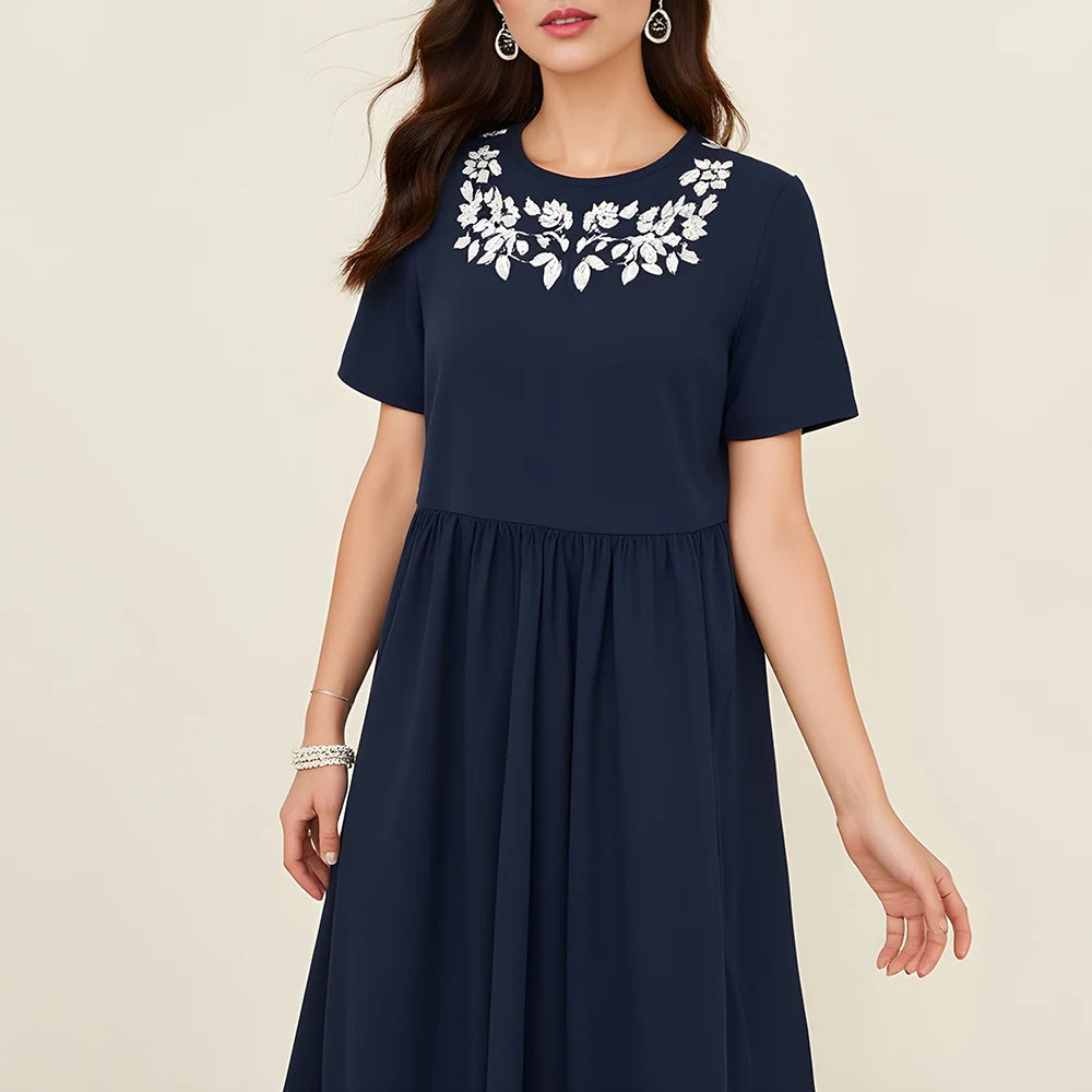 Rafiah Women's Summer 2025 Dress Solid Color V-Neck Floral Embroidered Short Sleeve Relaxed Silhouette Long Dress