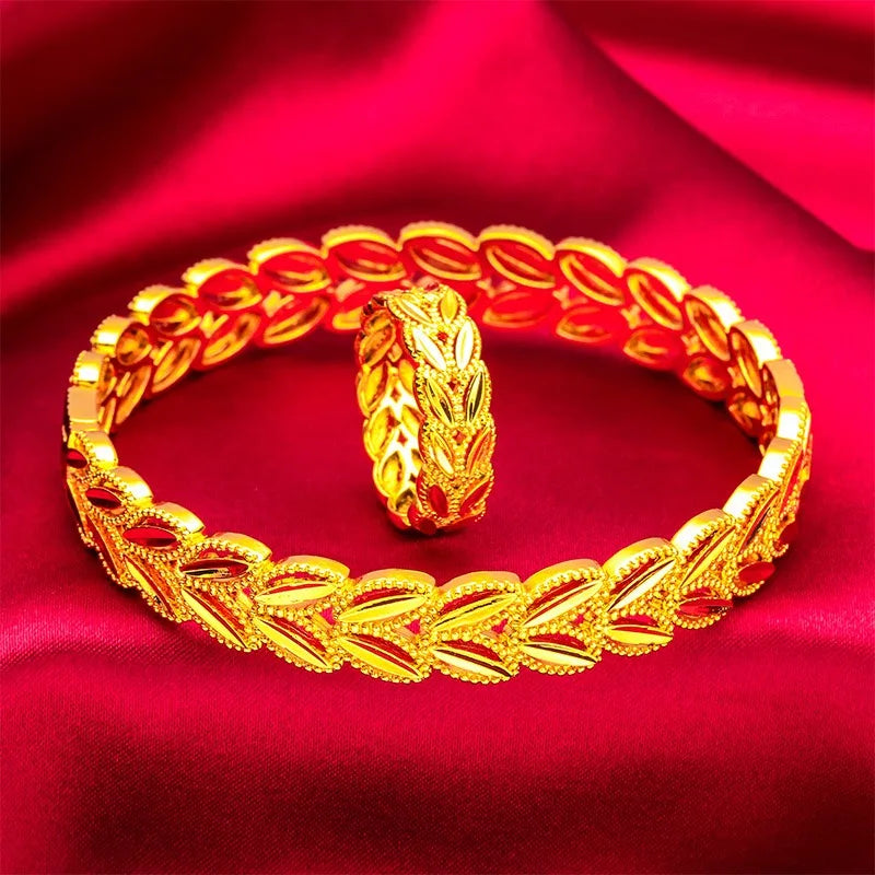 9999 Real Gold 24K Real Gold Bracelet and Ring Set for Women, Leaf Vine Man Style Bracelet, Ring, Gold Jewelry Gift
