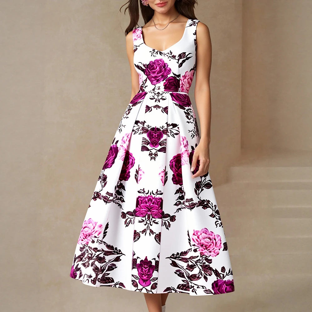 Rafiah Women's Dresses Summer Elegant Fashion 2025 Floral Decent Sleeveless V-Neck Midi Sweet Dating Long Dresses