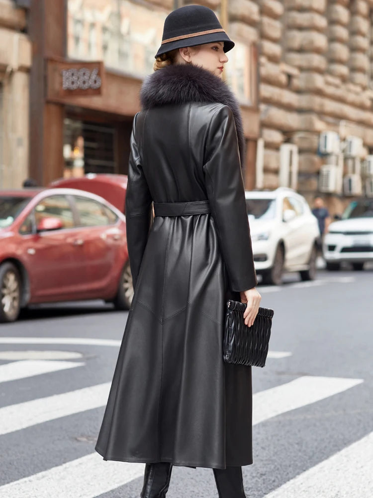 YOLANFAIRY Genuine Leather Down Jacket for Women Elegant Long Coat Women's Winter Jacket Slim Fox Fur Collar Sheepskin Clothes