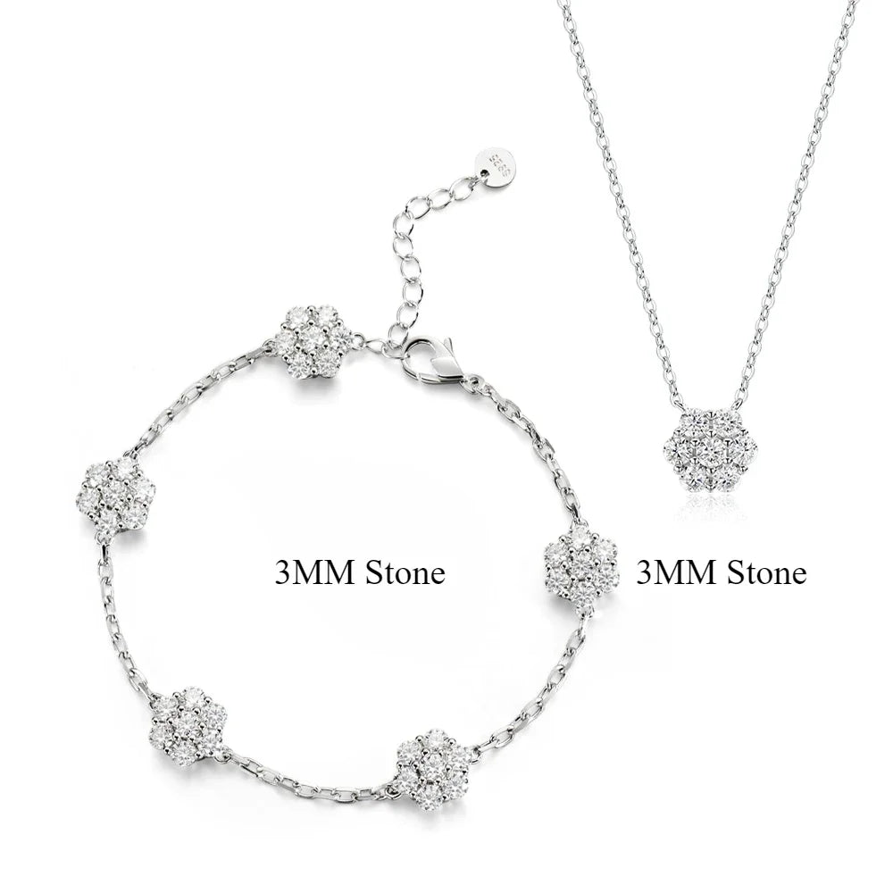 Flower Bracelets with Shiny Moissanite Sterling Silver Adjustable Wedding Anniversary Luxury Gifts Necklace Bracelet Jewelry Set
