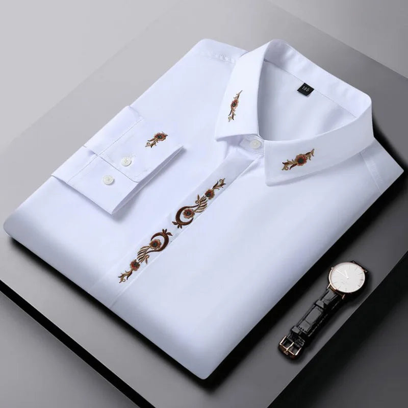قميص رجالي جديد بأكمام طويلة للخريف بمقاسات كبيرة 7XL 8XL 10XL 12XL فستان عمل مطرز فضفاض غير رسمي بلوزة مرنة ملابس
