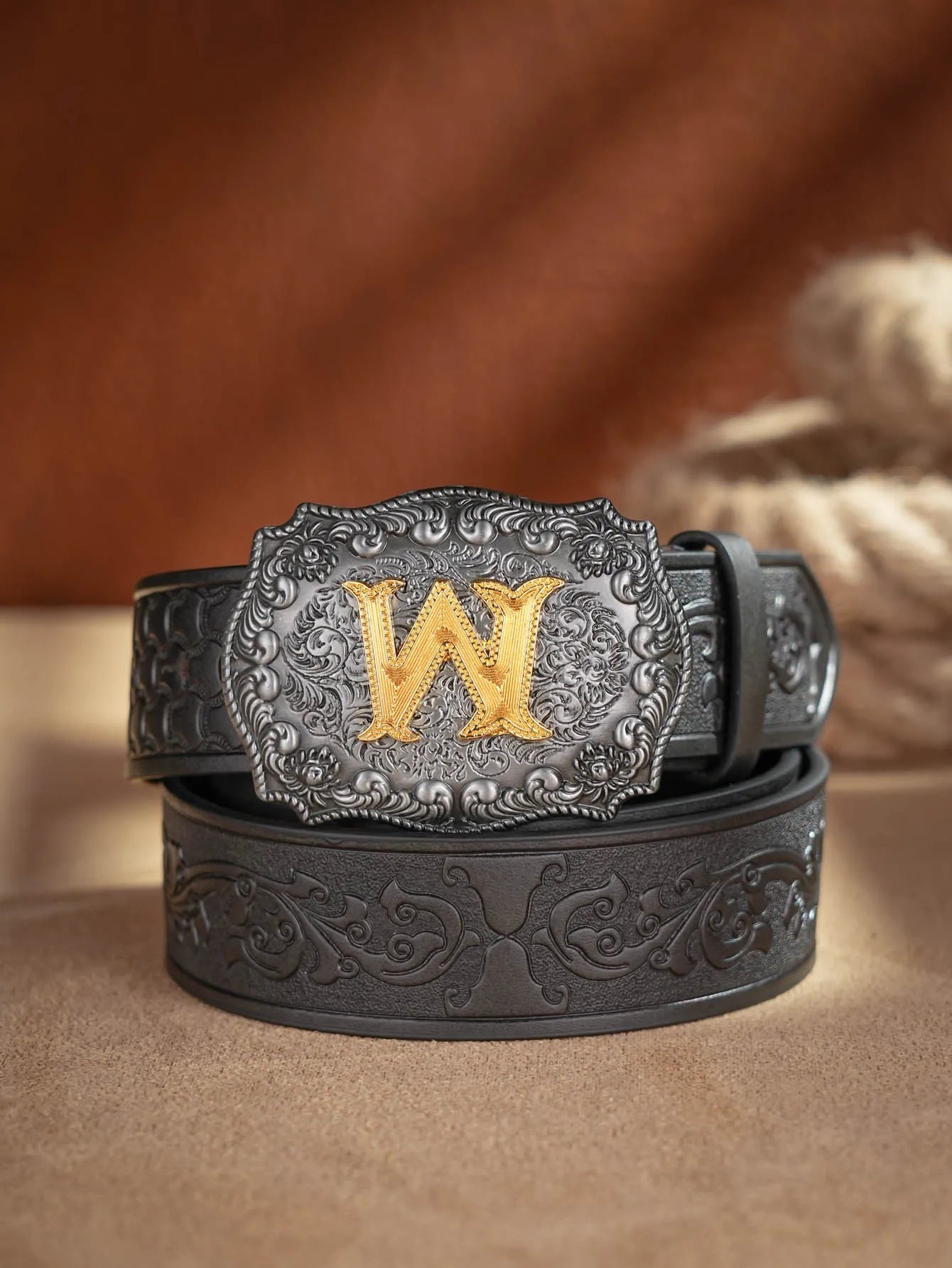 Western Cowboy PU Leather Belt - Men Waist Strap Bull Decoration Floral Engraved for Jeans