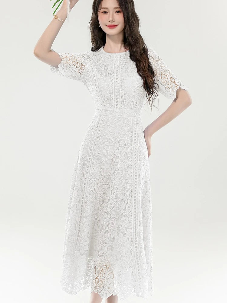 2025 New Summer French Elegant Fashion Evening Dress Women Lace Hollow Out Crochet Party Dress Casual Chic Holidays Clothing