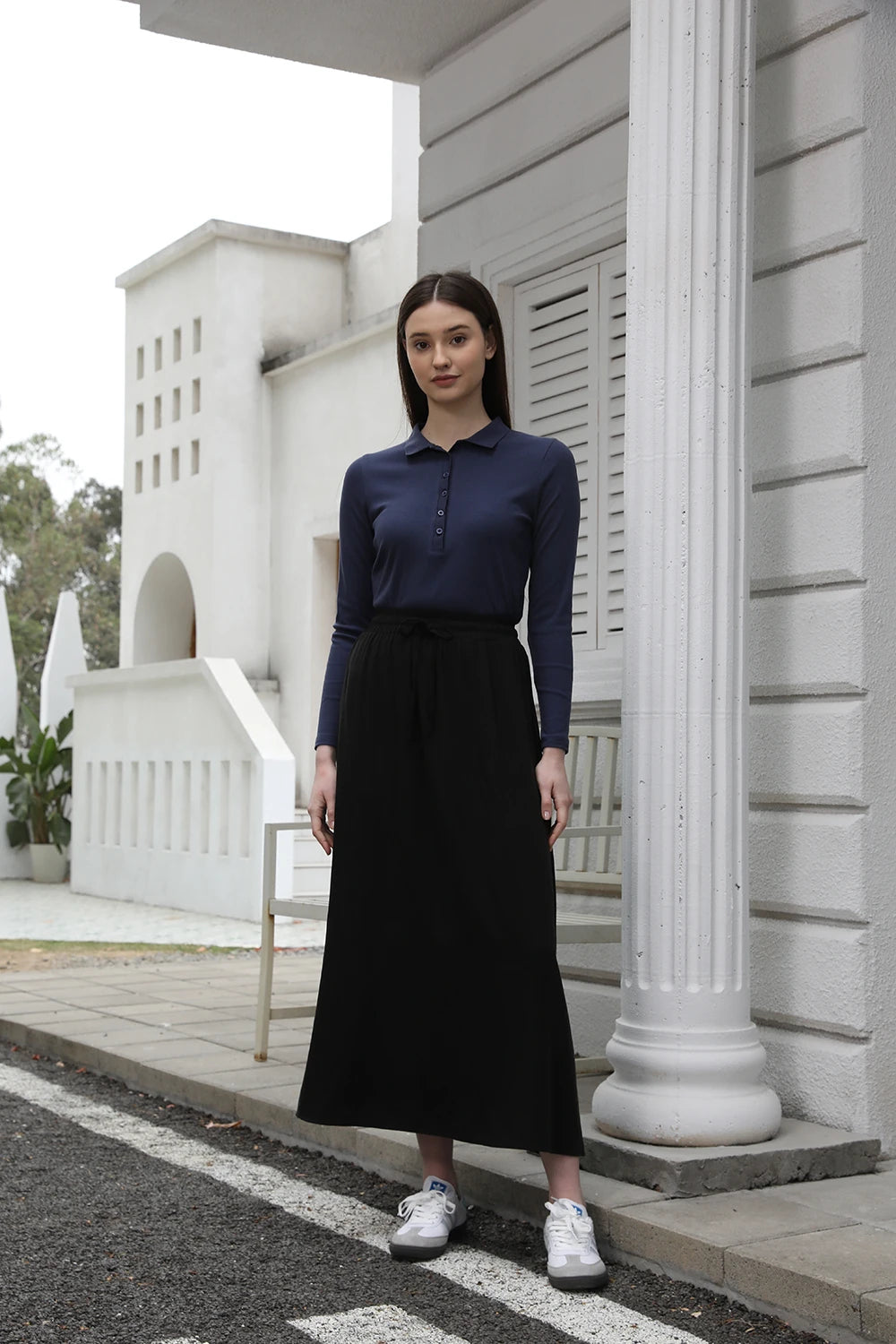 AP 2025 Spring/Summer Women Turn-Down Collar Tee & Cotton Blend Skirt Set
