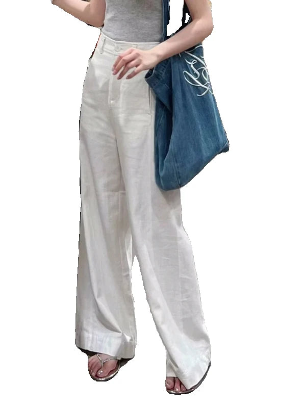 Ele White Cotton Linen Wide Leg Pants Women Summer High Waist Draped Loose Slim Straight Casual Thin Pants