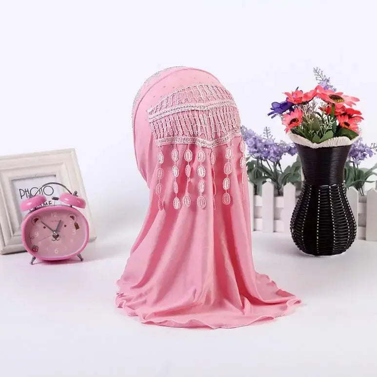 Amira-Muslim Girls Headwear with Diamond Tassel Islamic Prayer Headscarf Arab Soft Wrapped Scarf Plain Shawls Middle East