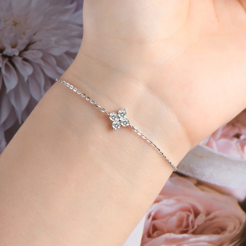 Lnngy Moissanite Four Leaf Flower Chain Bracelet for Women 925 Sterling Silver Niche Simple Desgin Bracelets Jewelry Accessories