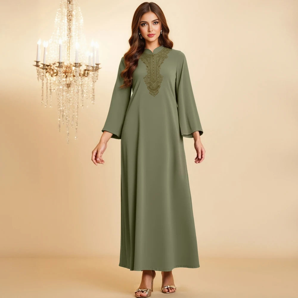 Rafiah Summer Long Dresses 2025 Decent Elegant Basics Graphic Printing Long Sleeve Mandarin Collar Midi A-Line Dresses For Women