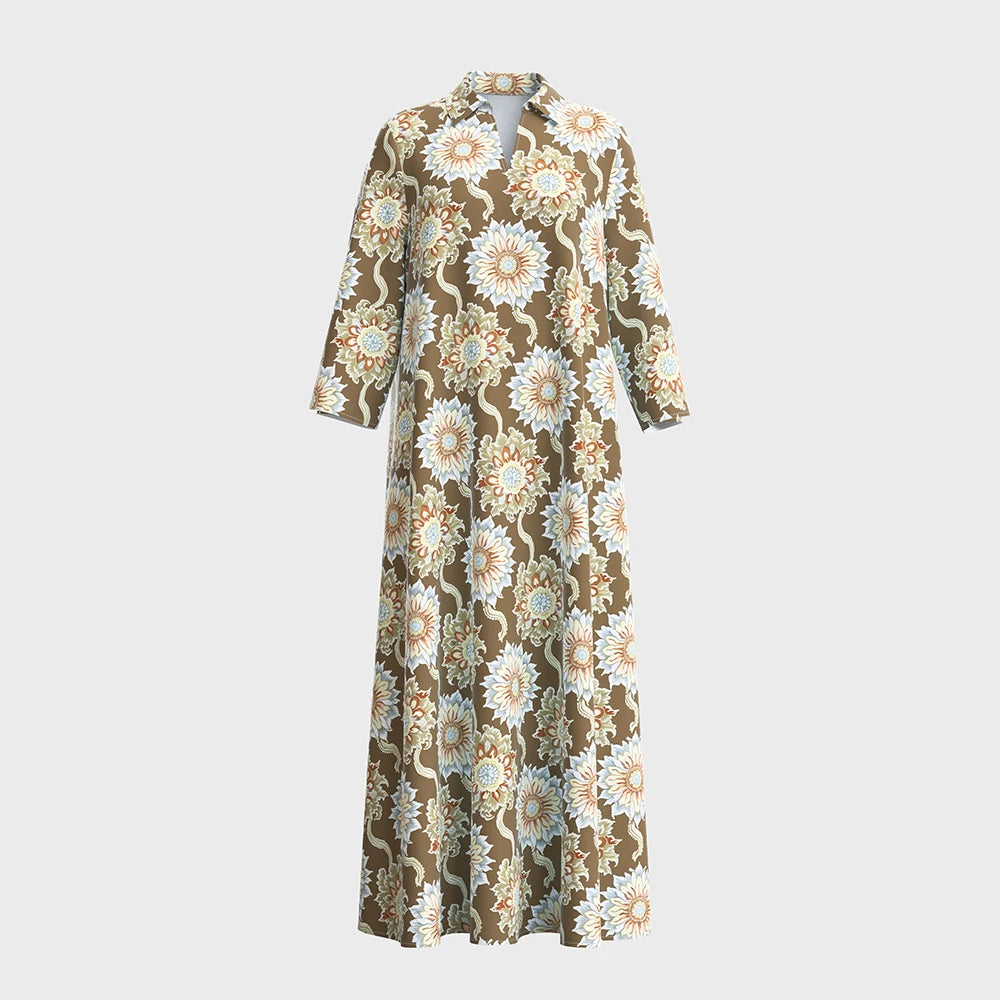 Rafiah Women's Summer Long Dress 2025 Arabian Dress Cultural V-Neck Long Sleeve A-Line Maxi Floral Print Casual Dress