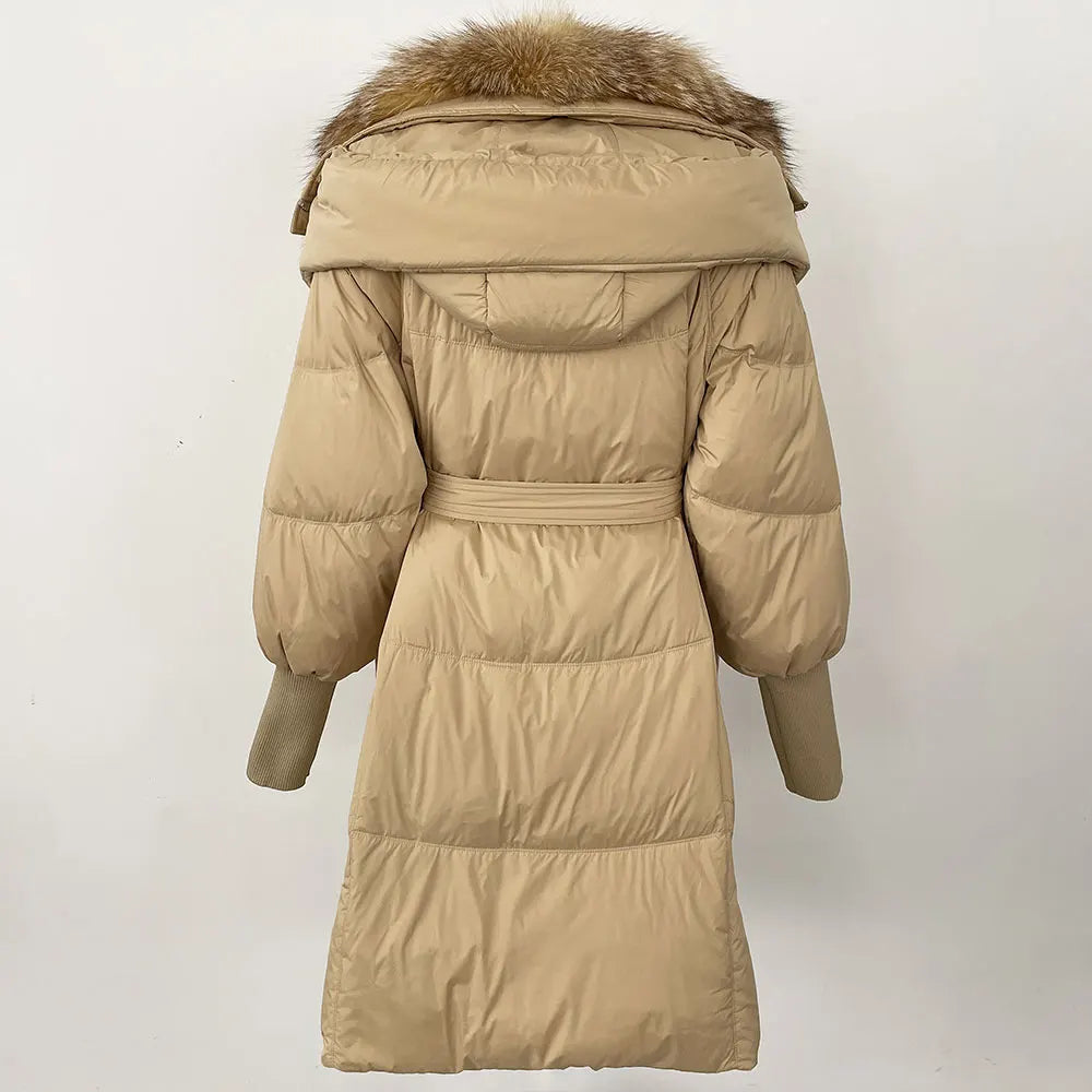 2025 Autumn Winter Women Coat Real Natural Fox Fur Long Down Jacket Thick Warm Casual Hooded White Duck Down Elegant Overwears