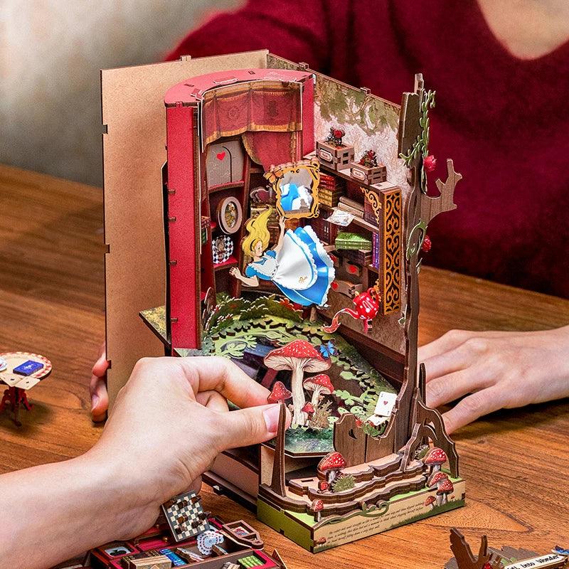 Robotime Rolife Book Nook Kits Fall into Wonder DIY Booknook with Lights Miniature House Kit 3D Wooden Puzzle Bookshelf Gift TGB