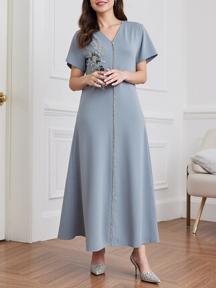 Rafiah Women's Dresses Summer Casual Basics Floral Appliques Zipper Short Sleeve V-Neck Midi Long Dress Shift Daily Dresses