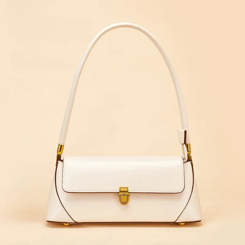 Women Genuine Leather Shoulder Bag – Soft Cowhide Baguette in Black, White, or Coffee