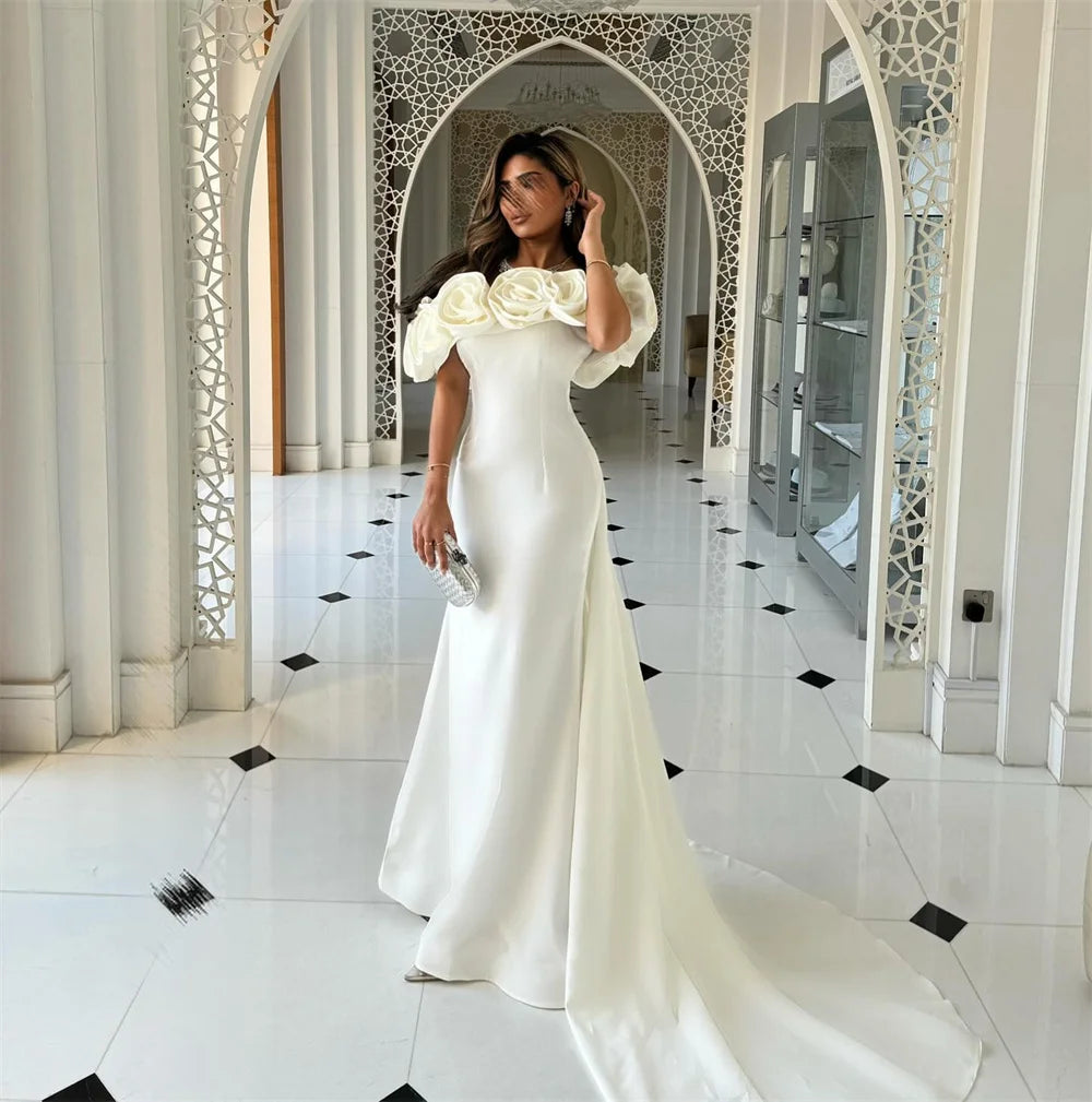 Mila Off Shoulder Customized White Evening Dresses Mermaid 3D Flower Prom Dress 2025 Court Zip Train Wedding Party Formal Gowns