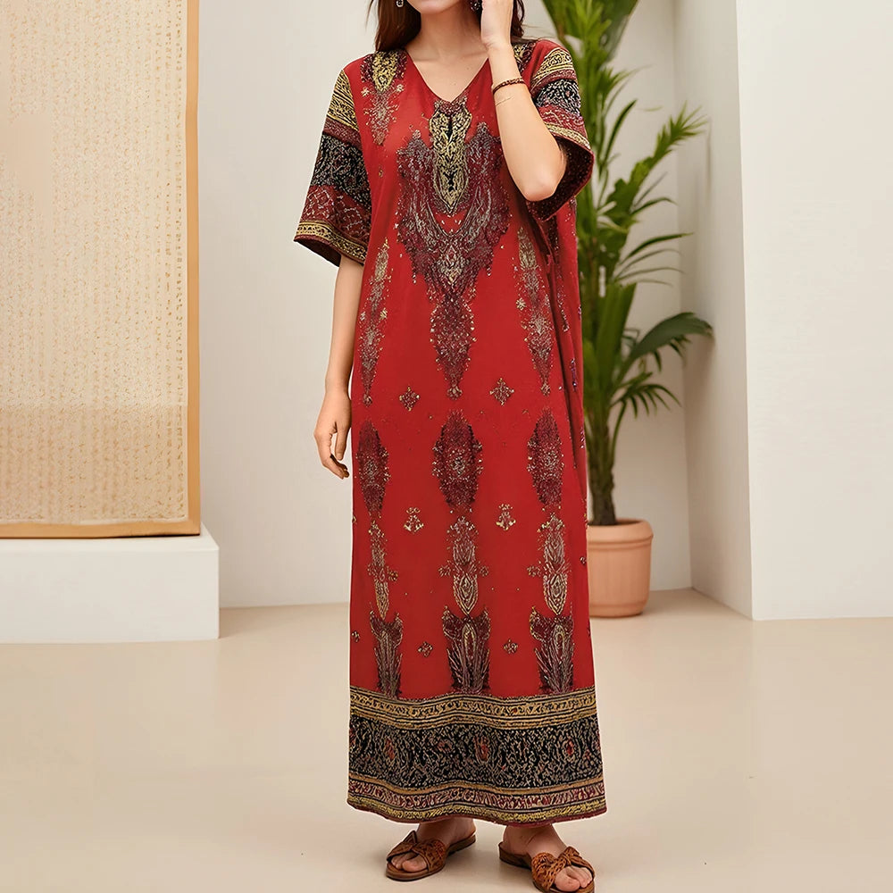 Rafiah Summer Women's Arabian Dress 2025 Indie Folk Traditional Appliques Contrast Color Short Sleeve V-Neck Evening Dress