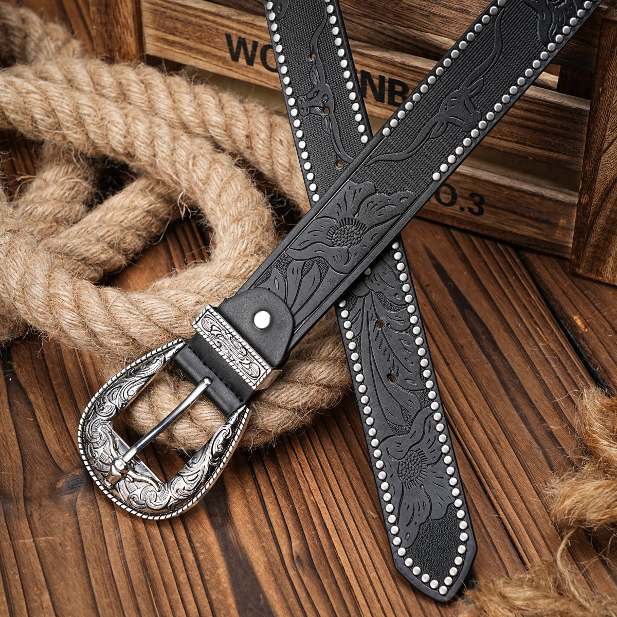 Men Women-Western-Cowboy-PU Leather-Belts - Vintage Belt Floral Engraved Buckle Belt for Jeans