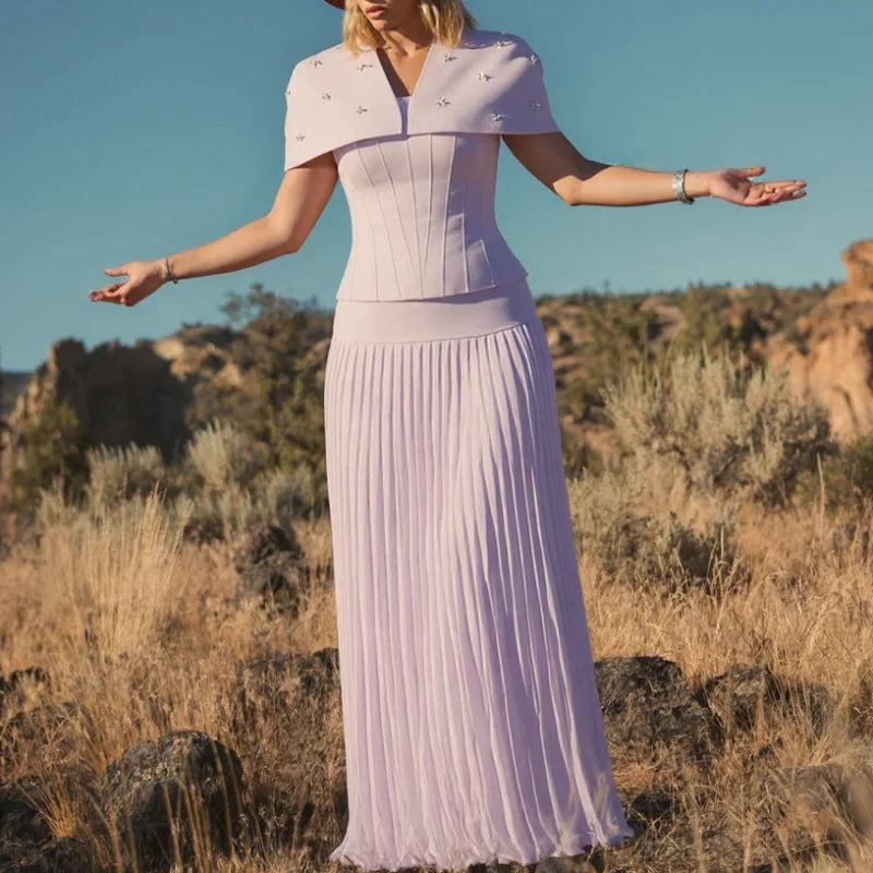 Elegant Shawl Pleated Diamonds Maxi Dress – Women’s Sleeveless High Waist Patchwork Evening Dress