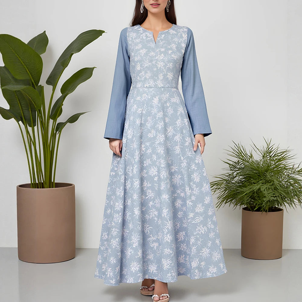 Rafiah Summer Dresses 2025 Women's Elegant Full Print Patchwork Long Sleeve Split Neck Midi A-Line Basics Arabian Dress