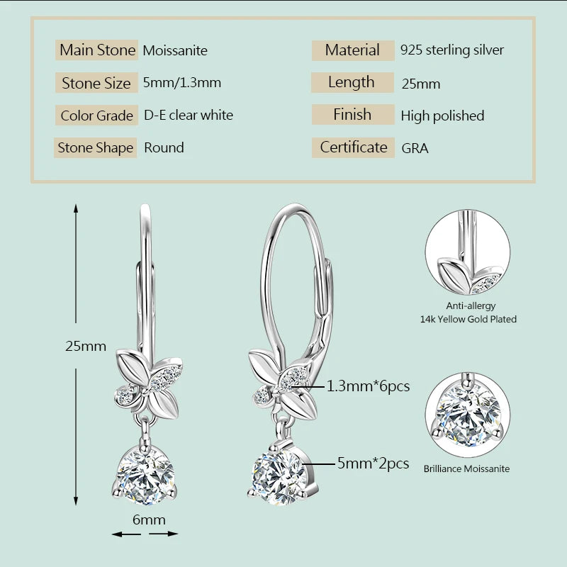 2024 Trend Real 925 Silver 5mm Round Moissanite Drop Clip Earrings for Women Four-leaf Clover Valentine Wedding Jewelry Gift