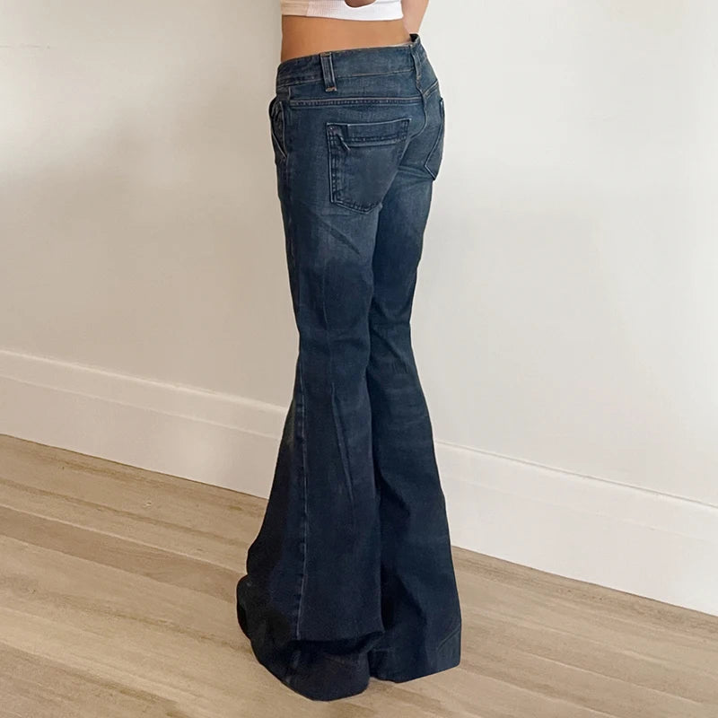 Weekeep Streetwear Low Rise Flared Jeans y2k Vintage Slim-fitting All-match Blue Denim Pants 2000s Casual Women's Jeans Harajuku