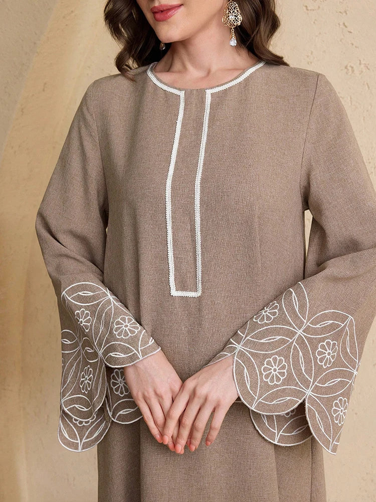 Rafiah Elegant Dress with Expanded Sleeves Featuring Neckline Embroidery Suitable for Spring Summer Arabic Dresses 2025