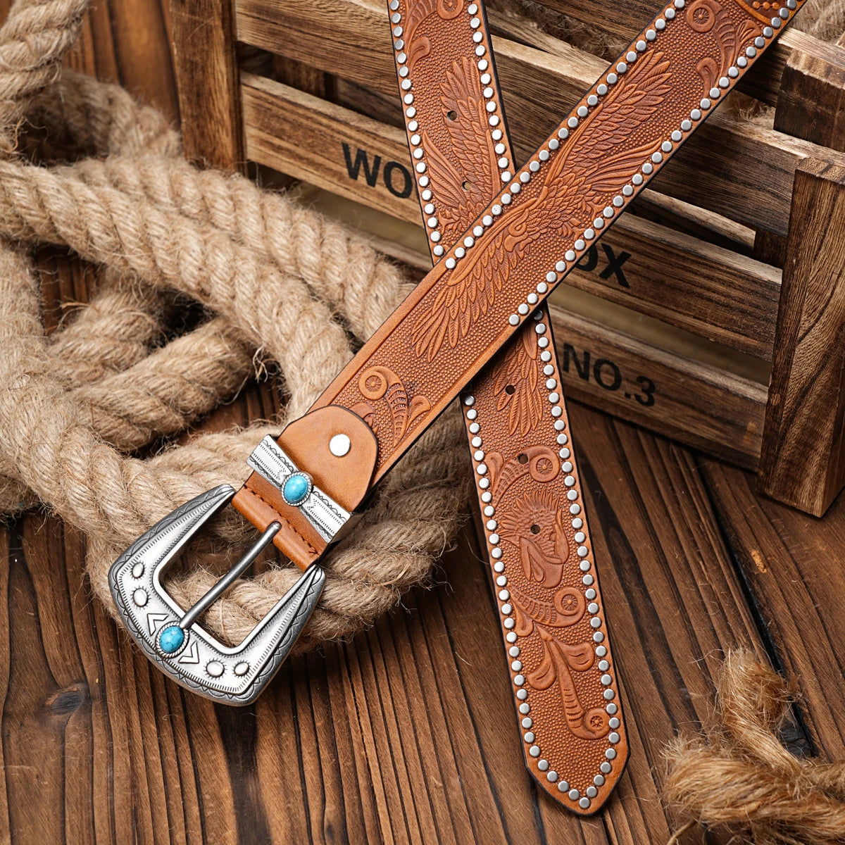 Men Women-Western-Cowboy-PU Leather-Belts - Vintage Belt Floral Engraved Buckle Belt for Jeans