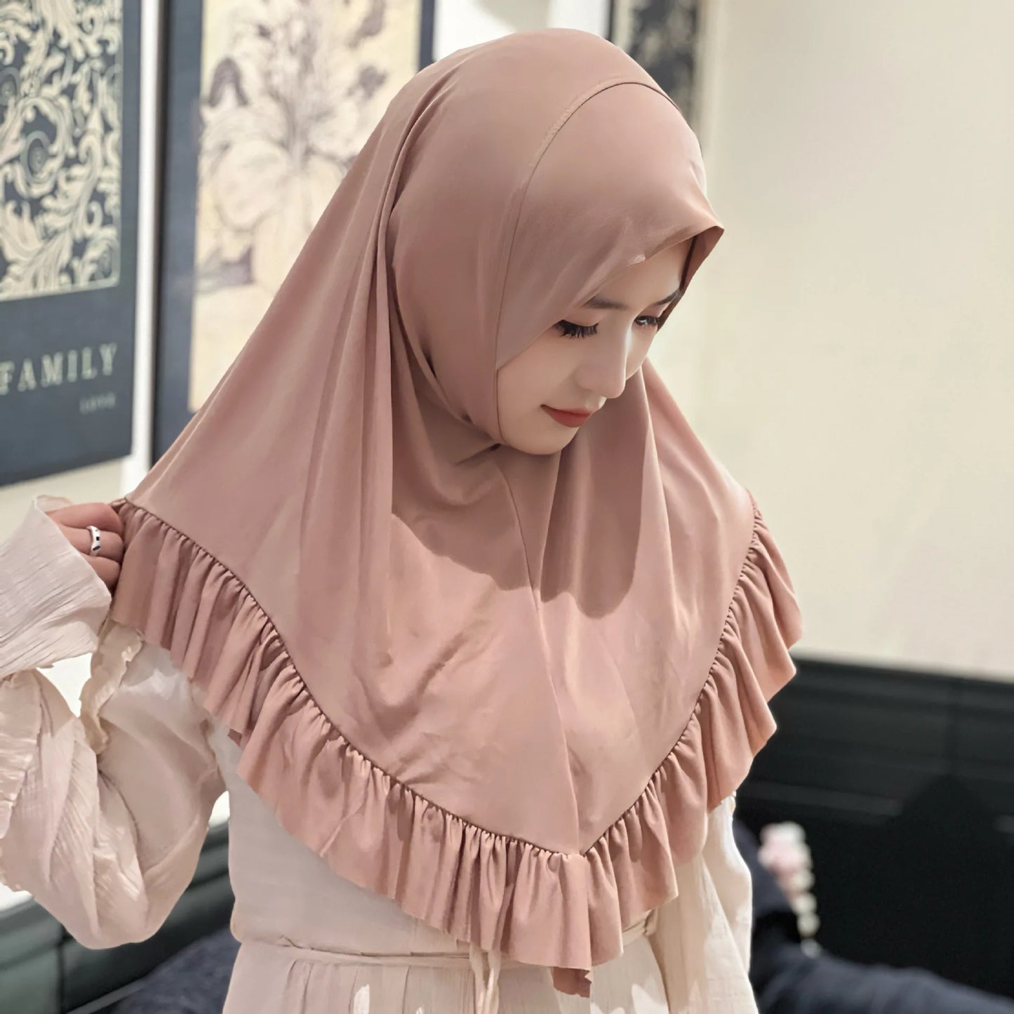 Muslim Hijab for Women Ruffle Turban Islamic Headwraps Arab Headband Big Khimar One Piece Scarf Shawl Solid Color