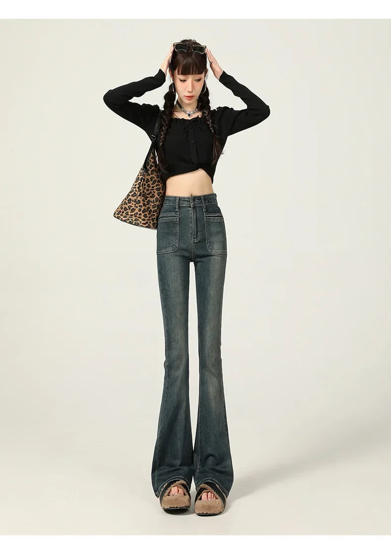 American Style Vintage Jeans Women's Slim Fit High Street Bootcut Pants 2024 Autumn Winter Slimming Petite Bootcut Trousers