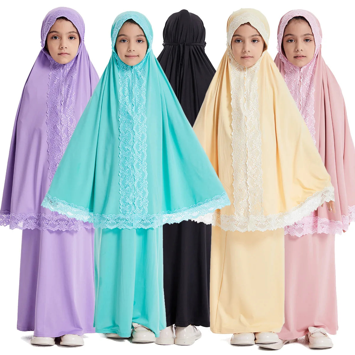 Dubai Abaya Children Robe Middle East Islamic Girls Headscarf Kaftan Arab Ramadan Eid Muslim Kids Prayer Hijab Skirts Set Modest