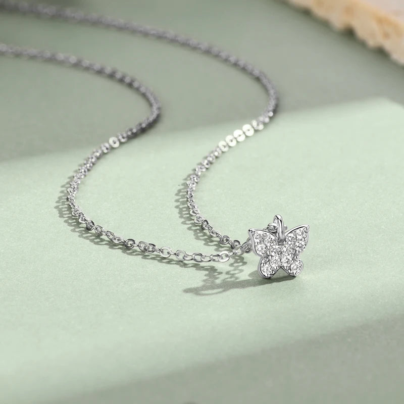 Lnngy Genuine 925 Silver Butterfly Pendant Necklaces Exquisite Moissanite Necklace Stud Earring Jewelry Set For Birthday Gift