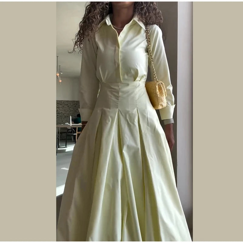 Elegant Lapel Waist-Cinched Pleated Shirt Dress – Women’s Half Sleeve Floor-Length Summer Style