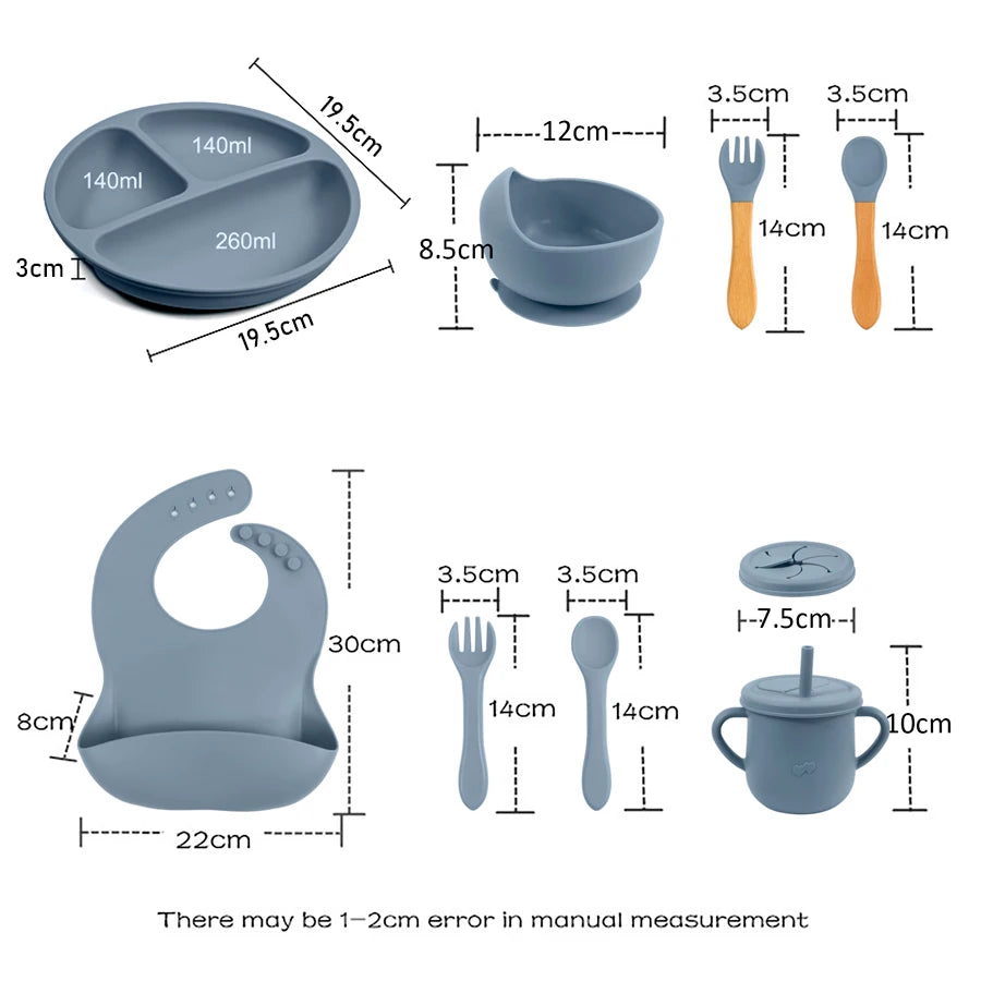Mother Kids 8PCS Baby Silicone Feeding Set Bibs Sucker Dinner Plate Antislip Bowl Spoon Cup Children's Tableware Baby Stuff