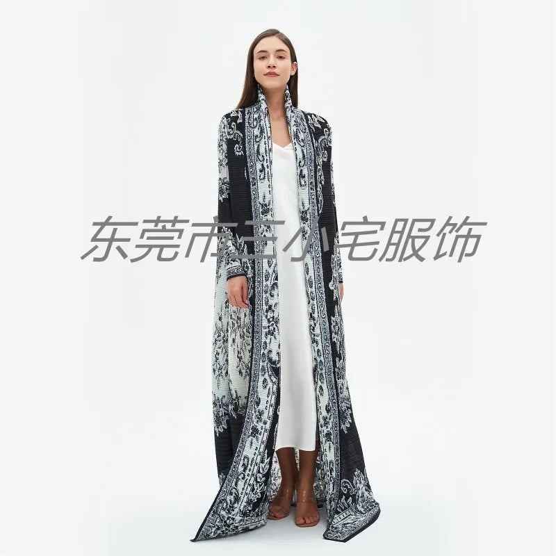 KAF Pleated Women Loose Plus Size Trench Coat 2024 Autumn New Vintage Printed Cardigan Design Arab Female Luxury Abaya