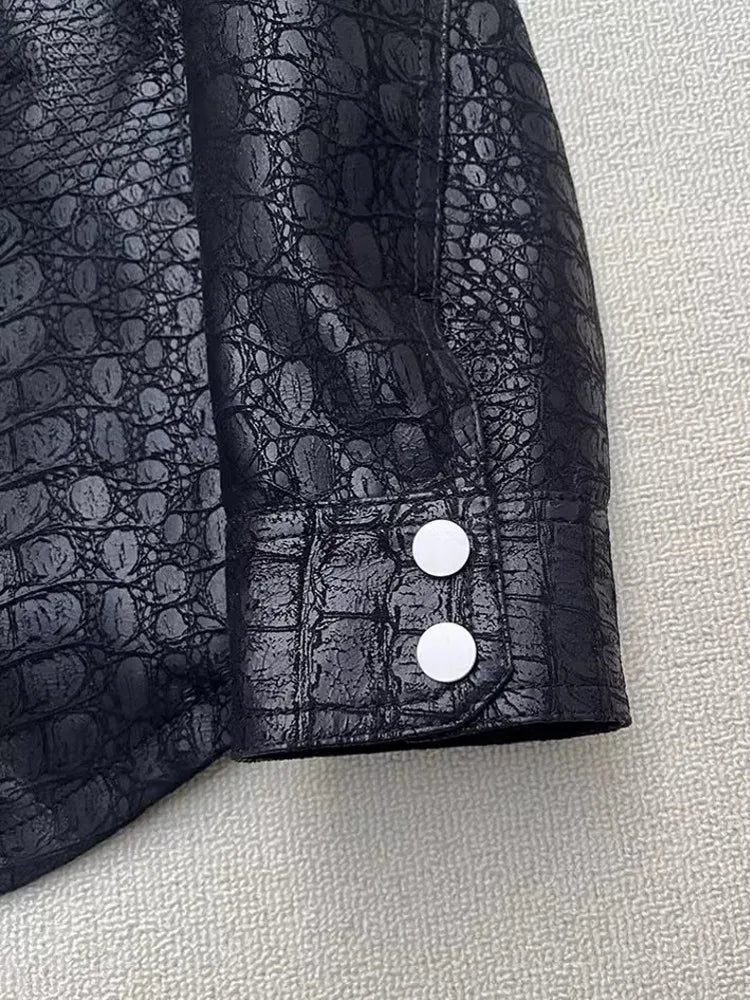 Soft Alligator Pattern Sheepskin Genuine Leather Jacket Men Slim Fit Single Breasted Business Casual Work Natural Leather Tops