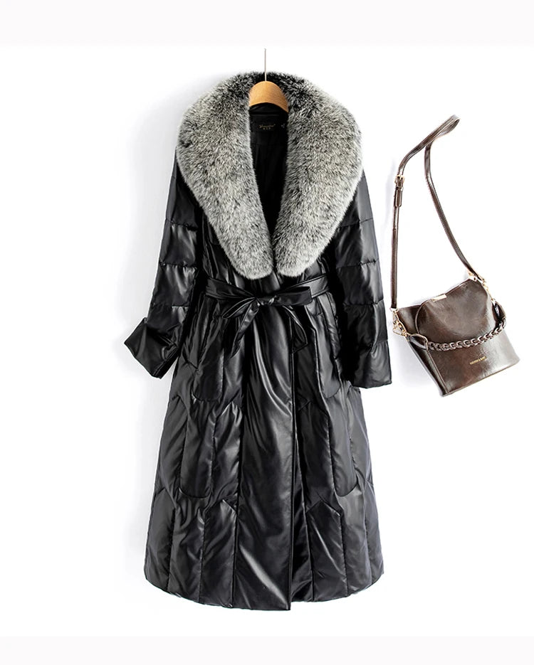 New Women Winter Leather Down Coat Fashion Real Fox Fur Collar Slim Waist Long Leather Coat Casual Thick Warm Overcoat