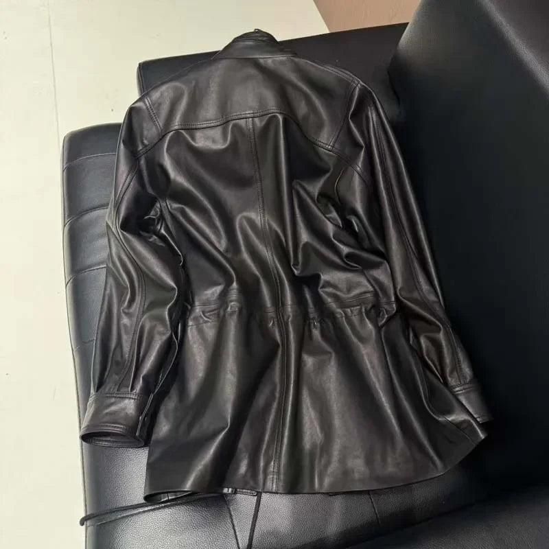Real Sheepskin Coat Spring And Autumn Women Regular Length Pleating Design High Quality Outerwear Female Genuine Leather Jacket