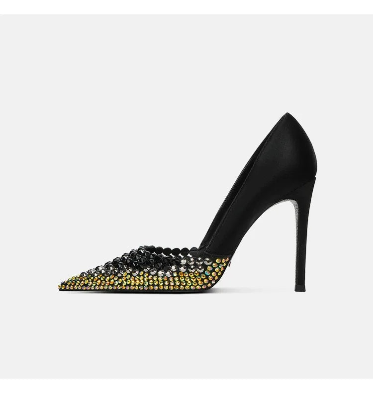 Black Rhinestone High Heels Women's New Summer Style Socialite Small Stature Thin Heels Pointed And Sexy Women's Shoes