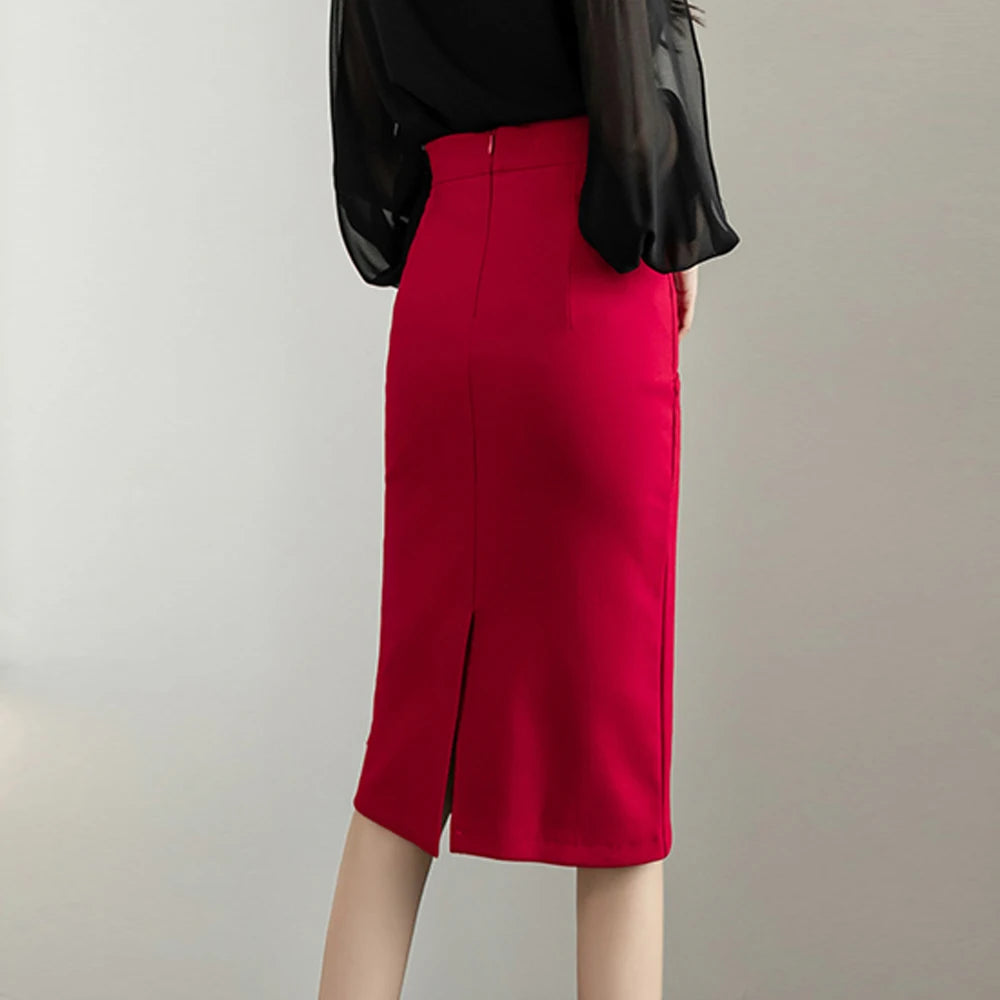Classic Vintage Gray Red Stretch Pencil Skirts For Women Office Lady Formal Black Midi Skirts Elegant Female Package Hip Skirts