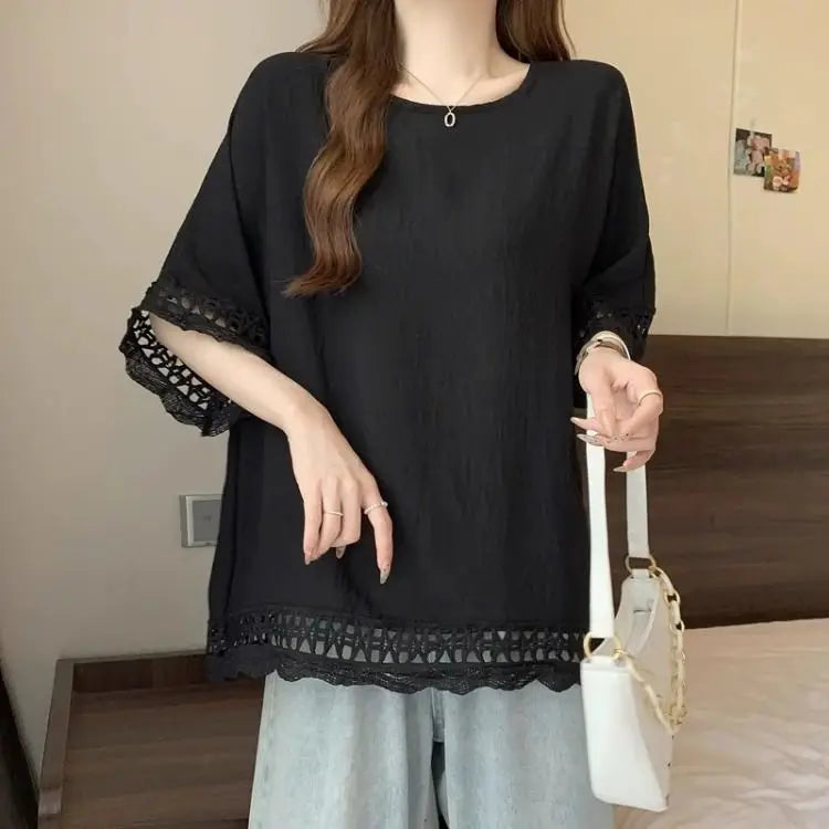 Lace Hollow out Texture ort Sve Women's T-irt Summer plus Size Conceals Belly Slimming Faionable Top Korean Sle