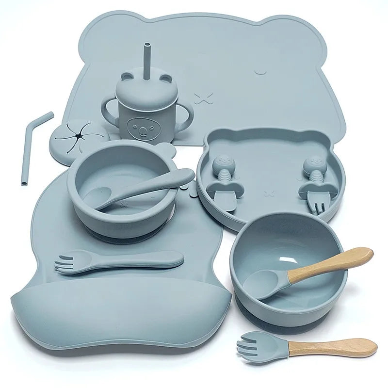 14pcs Silicone Baby Tableware Set Food Children Supplementary Bowl Baby Dinner Plate Fork Spoon Bib Non-slip Bowl Drop-proof Bow