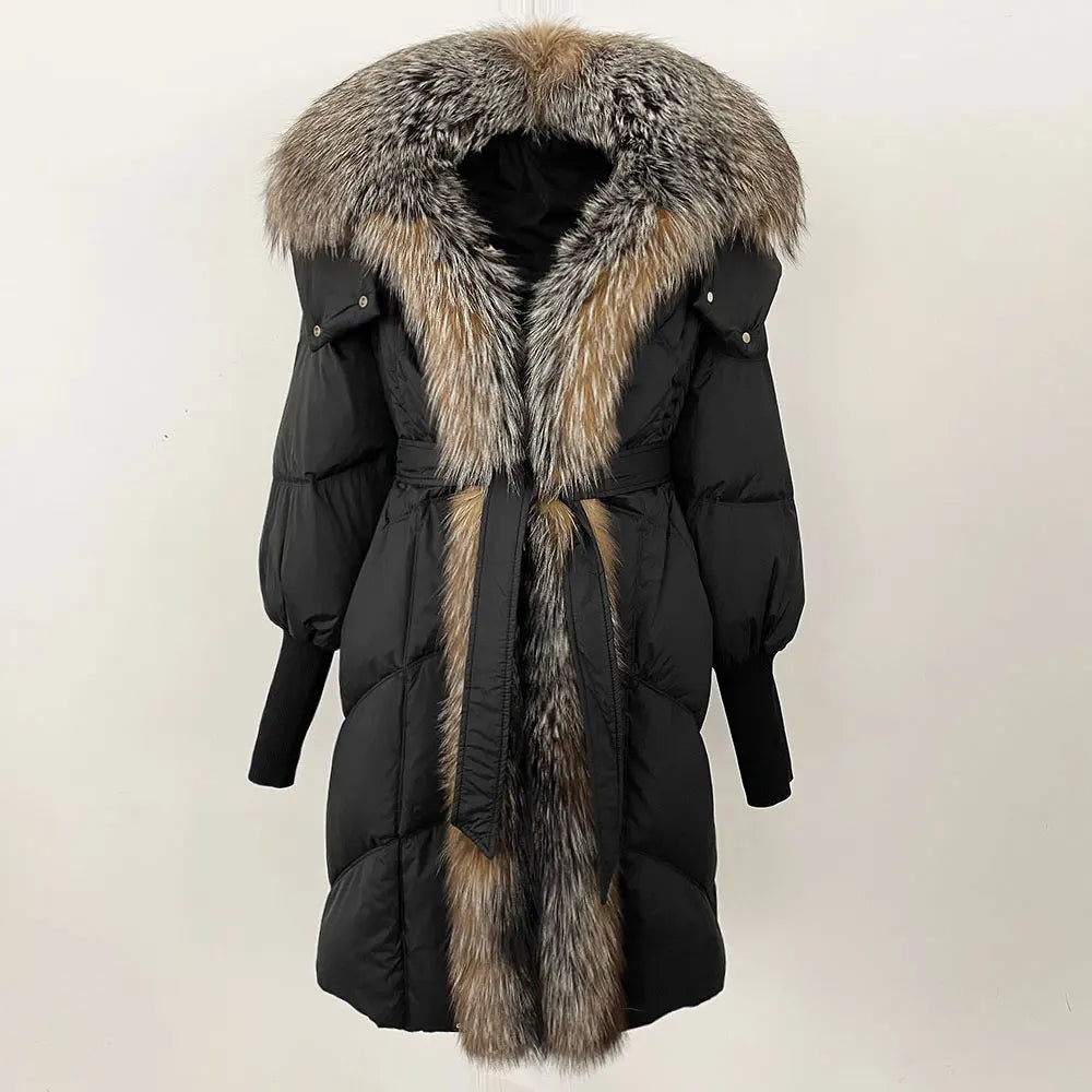 2025 Autumn Winter Women Coat Real Natural Fox Fur Long Down Jacket Thick Warm Casual Hooded White Duck Down Elegant Overwears