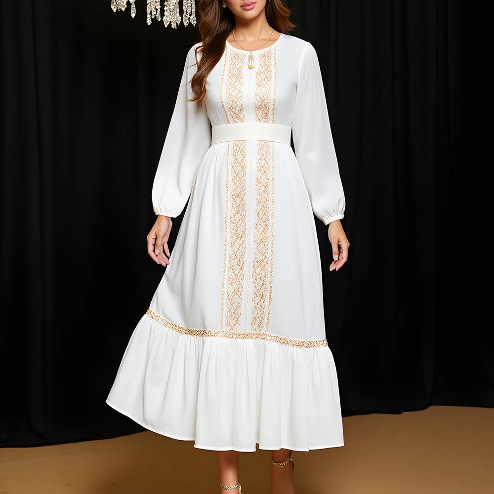 Rafiah Autumn Arabian Long Dress 2025 Elegant Daily Appliques Flounce Long Sleeve Crew Neck Midi A-Line Long Dress For Women
