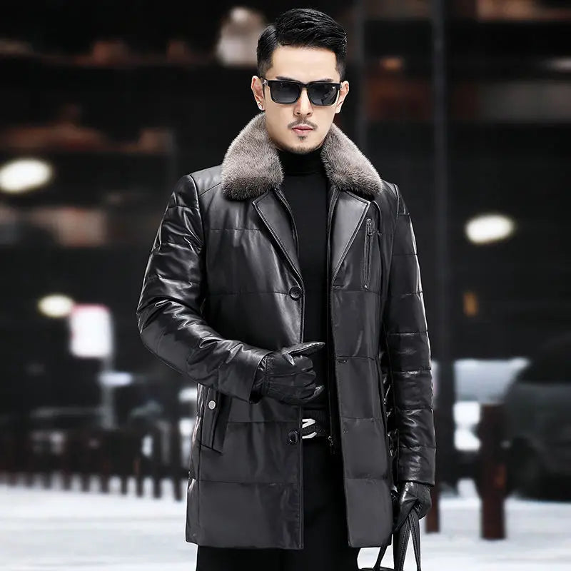Men's Leather Jacket, Mid-Length, Lapel, Single Breasted Down Jacket, Mink Collar, Sheepkin, Thick Coat, Autumn and Winter