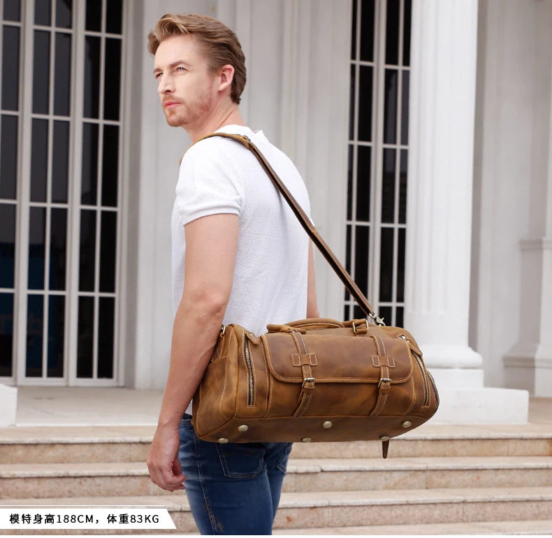 MUNUKI Vintage Crazy Horse Genuine Leather Travel bag Large Luggage bag men Leather duffle bag Large Weekend Bag Tote Big