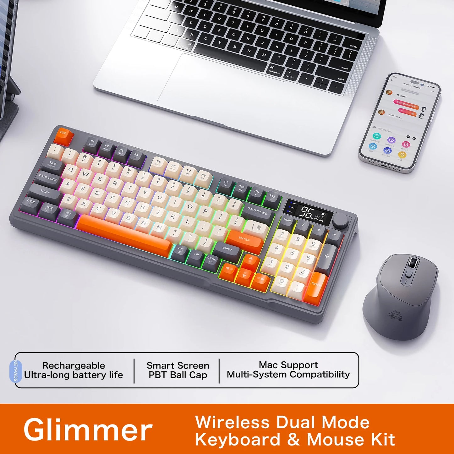 M96 Screen Wireless Keyboard Mouse Kit ZIYOULANG Bluetooth Keyboard With Mouse Gaming,Electronic Screen, Multi-Device Connection