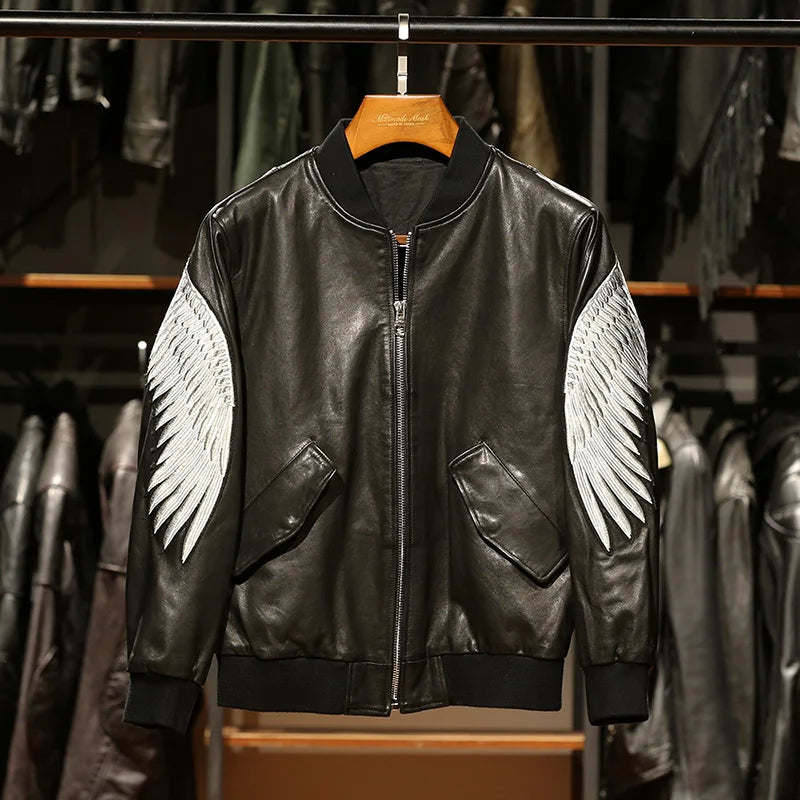 Embroidered eagle wings leather baseball jersey men stand-up collar full vegetable tanned sheepskin genuine leather jacket tops