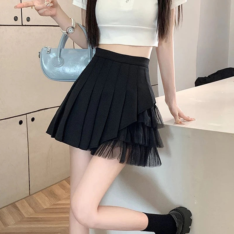 Slimming A-Line Skirt for ort Women High Waist Pleated Commuter Sle Net Gauze f Body Skirts Fem Faion