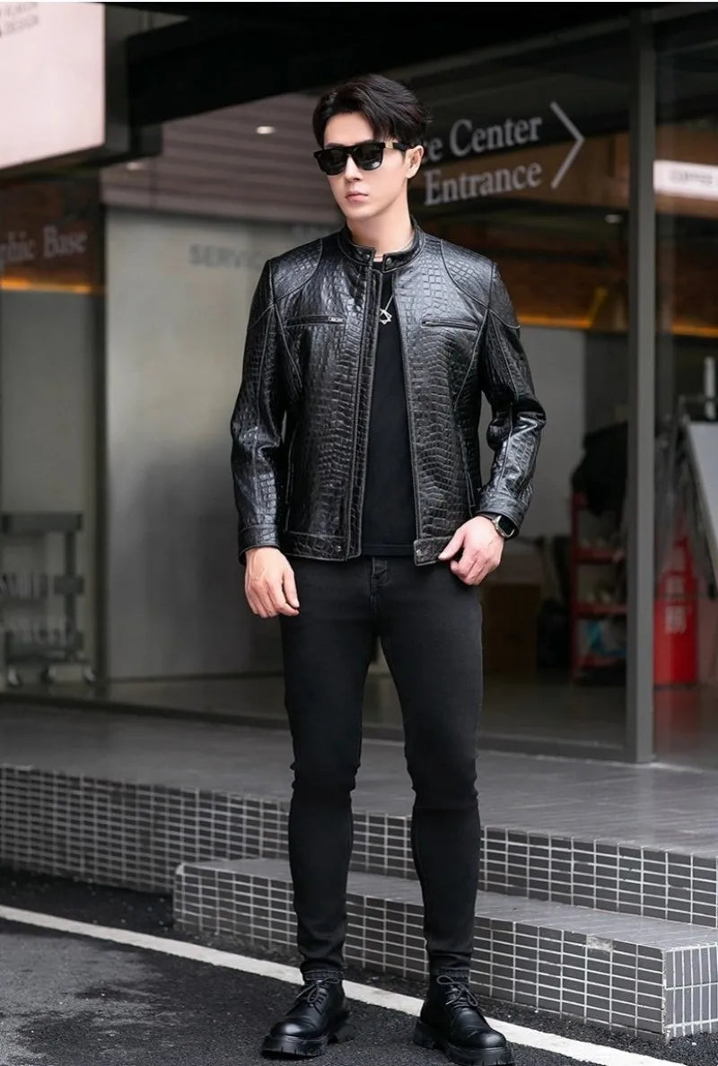 Males Luxury Natural Sheepskin Crocodile Pattern Jacket Stand Collar Slim Fit Straight Autumn Genuine Leather Motorcycle Jackets