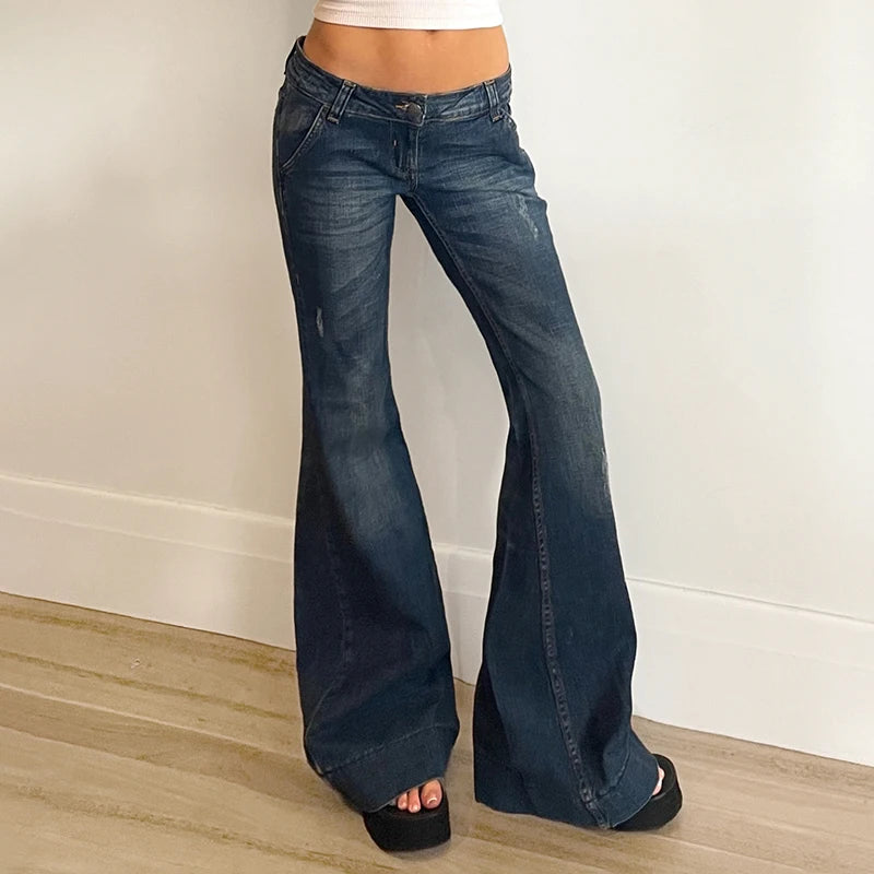 Weekeep Streetwear Low Rise Flared Jeans y2k Vintage Slim-fitting All-match Blue Denim Pants 2000s Casual Women's Jeans Harajuku